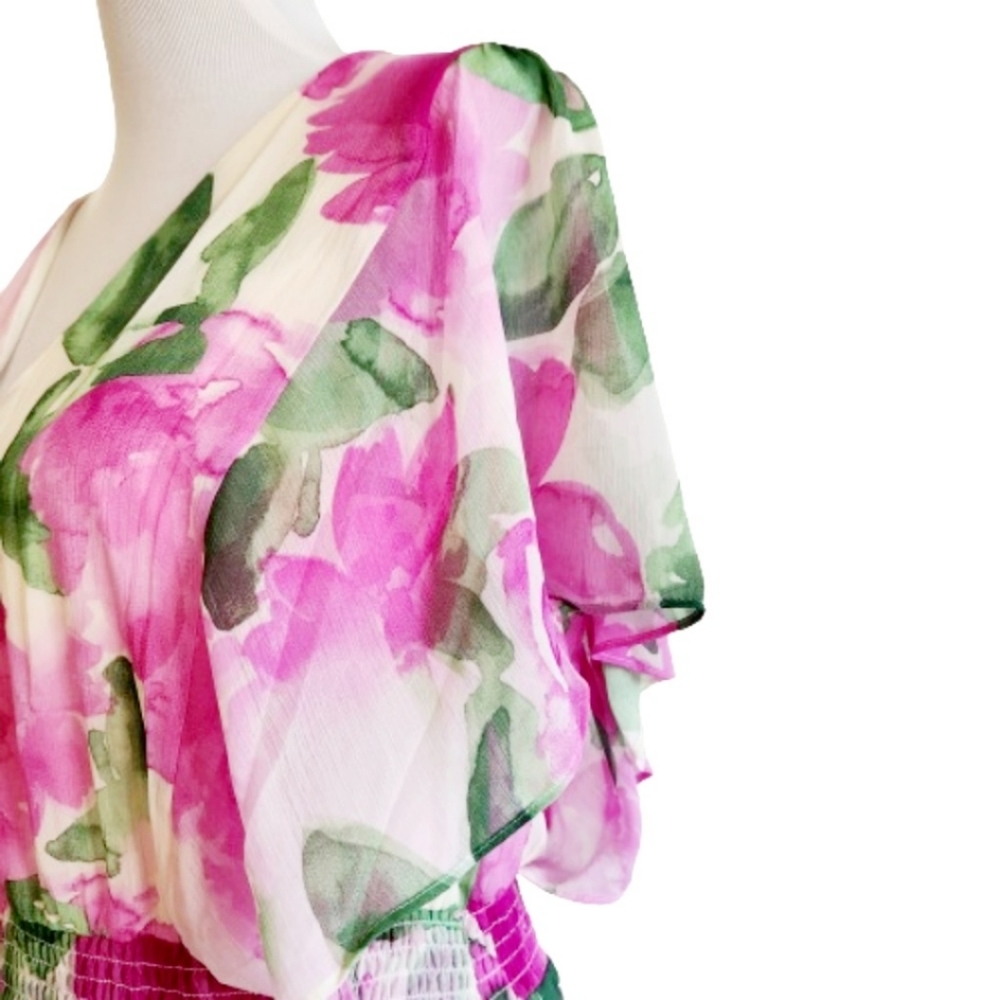 🆕️⬇️DKNY V-Neck Floral Flared Sleeve Smocked Waist Dress - Picture 5 of 13
